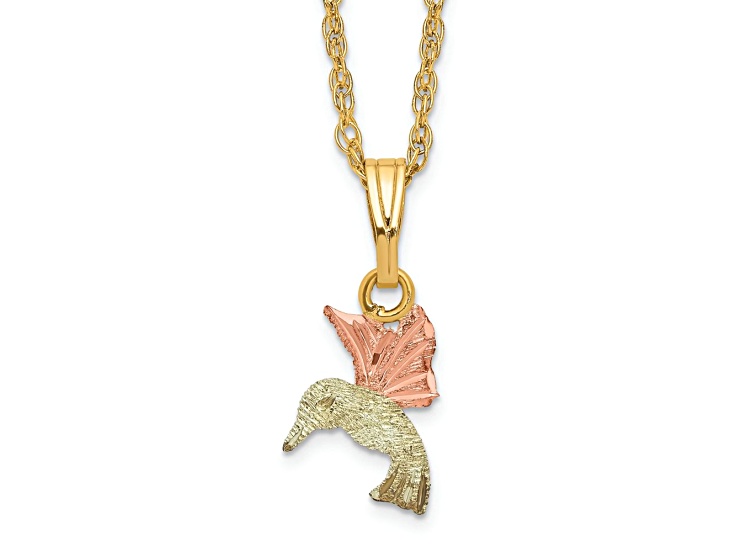 10k Yellow Gold With 12k Rose Gold and 12k Green Gold Accent Hummingbird Pendant With 18 Inch Chain