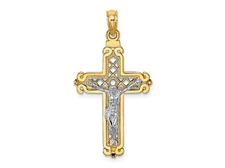 14K Two-tone Gold Textured Fancy Crucifix Charm