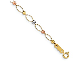 14K Yellow, White and Rose Gold Oval Link Tri-color Mirror Beads Bracelet