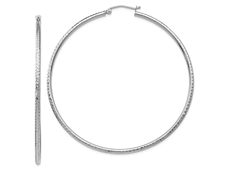 Rhodium Over 10k White Gold Diamond-Cut 2 3/8" Round Tube Hoop Earrings