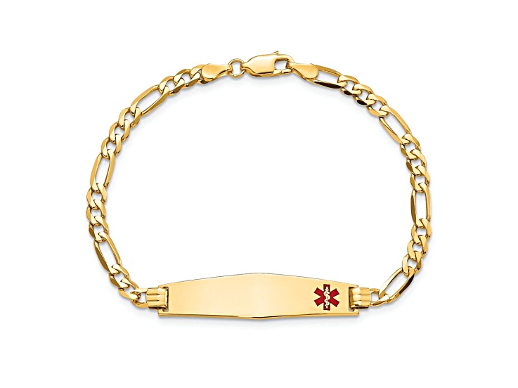 10k Yellow Gold Medical Soft Diamond Shape Red Enamel Flat Figaro Link ID Bracelet