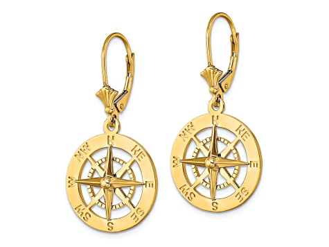 14k Yellow Gold Nautical Compass Dangle Earrings
