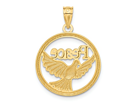 14K Yellow Gold with Rhodium Polished Peace Dove Pendant
