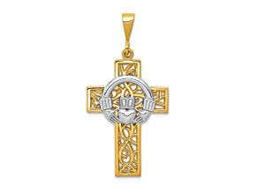 14k Yellow Gold and 14k White Gold Textured Claddagh Cross Pendant