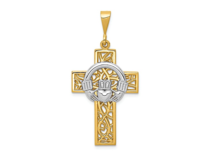 14k Yellow Gold and 14k White Gold Textured Claddagh Cross Pendant