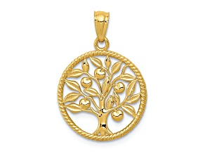 14k Yellow Gold Polished and Textured Tree of Life in Round Pendant