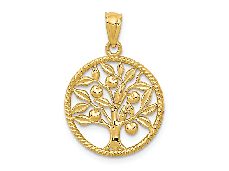 14k Yellow Gold Polished and Textured Tree of Life in Round Pendant