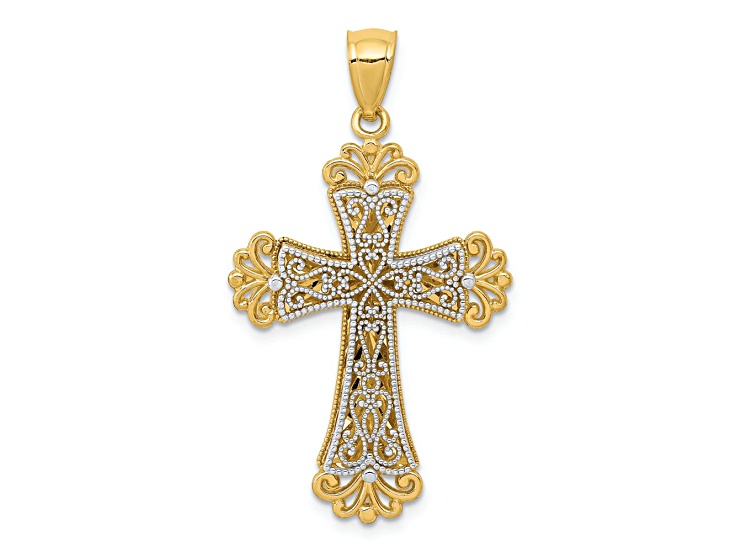 14K Two-tone Gold Polished and Textured 2 Level Budded Cross Pendant