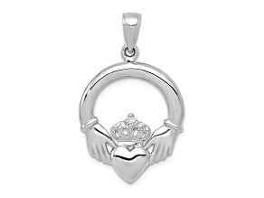 Rhodium Over 14k White Gold Polished Claddagh Pendant