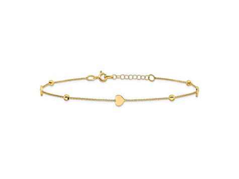 14K Yellow Gold Polished Heart and Beads 9 inch Plus 1 inch Extension Anklet