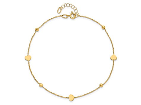 14K Yellow Gold Polished Heart and Beads 9-inch Plus 1-inch Extension Anklet