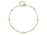 14K Yellow Gold Polished Heart and Beads 9-inch Plus 1-inch Extension Anklet