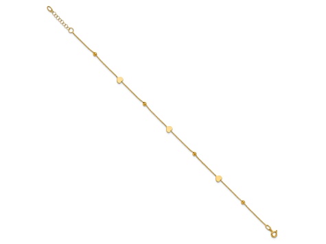 14K Yellow Gold Polished Heart and Beads 9-inch Plus 1-inch Extension Anklet