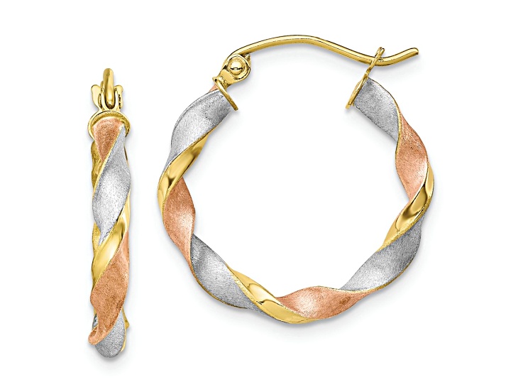 10k Yellow Gold and Rhodium Over 10k Yellow Gold 7/8" Satin Twisted Hoop Earrings