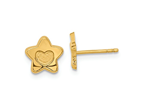 14k Yellow Gold Satin and Polished Heart in Star Stud Earrings