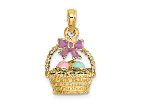 14k Yellow Gold 3D Textured Enameled Easter Basket with Bow and Eggs Pendant