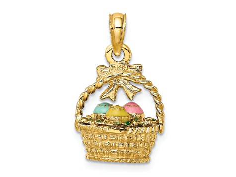 14k Yellow Gold 3D Textured Enameled Easter Basket with Bow and Eggs Pendant