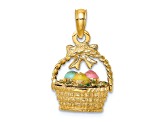 14k Yellow Gold 3D Textured Enameled Easter Basket with Bow and Eggs Pendant