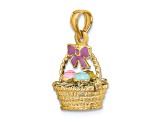 14k Yellow Gold 3D Textured Enameled Easter Basket with Bow and Eggs Pendant