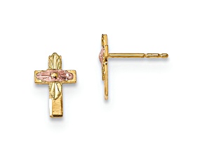 10k Yellow Gold with 12k Rose Gold and 12k Green Gold Accent Diamond-Cut Cross Stud Earrings