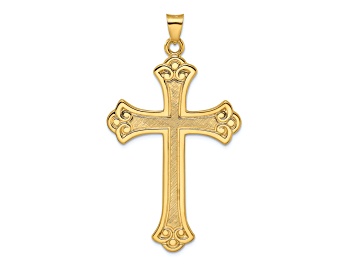 Picture of 14k Yellow Gold Polished and Textured Solid Fleur-de-Lis Cross Pendant