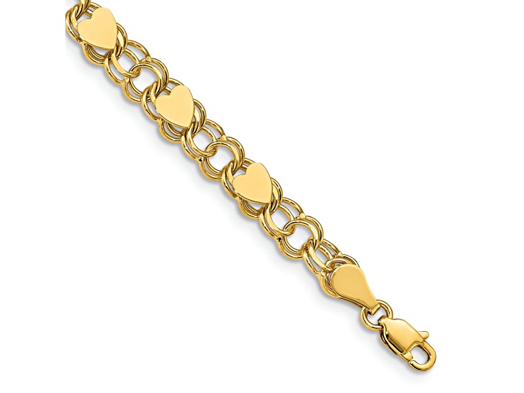 10k Yellow Gold 6mm Double Link with Hearts Charm Bracelet