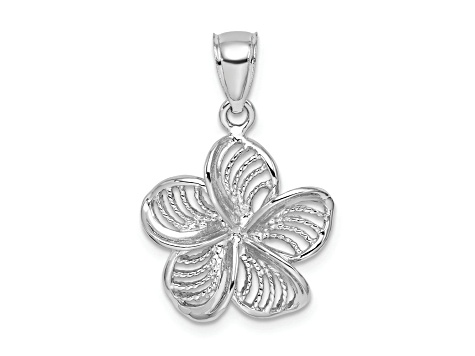 Rhodium Over 14k White Gold Beaded Textured and Polished Plumeria Flower Charm