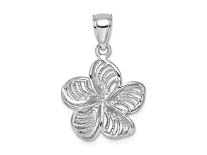 Rhodium Over 14k White Gold Beaded Textured and Polished Plumeria Flower Charm