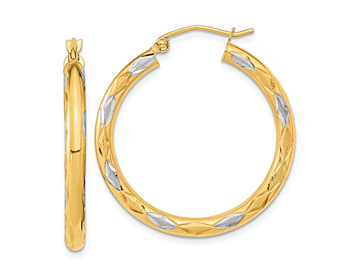 14k Two-tone 1 1/4" Polished Satin Diamond-Cut Hoop Earrings