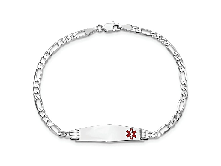 Rhodium Over 14k White Gold Medical Soft Diamond Shape Red Enamel Figaro Link ID Bracelet