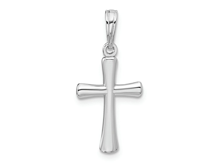 Rhodium Over 14k White Gold Polished Beveled Cross with Round Tips Charm