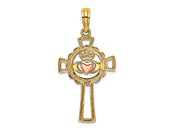 Picture of 14K Yellow Gold and 14k Rose Gold Textured Claddagh Cross Charm