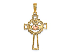14K Yellow Gold and 14k Rose Gold Textured Claddagh Cross Charm