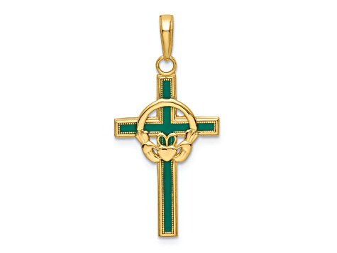 14K Yellow Gold Green Enamel Claddagh Cross Pendant