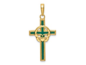 14K Yellow Gold Green Enamel Claddagh Cross Pendant