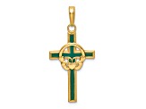 14K Yellow Gold Green Enamel Claddagh Cross Pendant