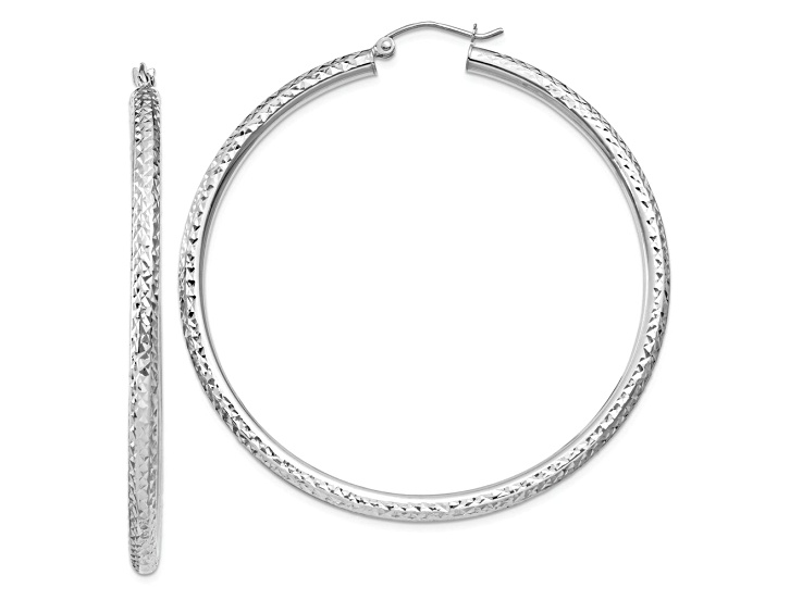 Rhodium Over 10k White Gold Diamond-Cut 1 15/16" Round Hoop Earrings