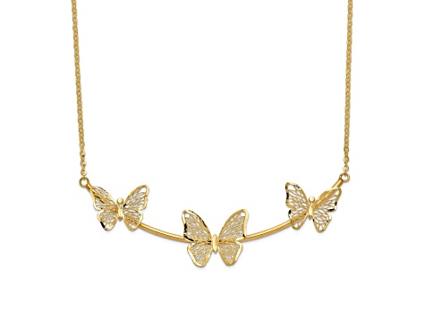 14K Yellow Gold Polished Filigree 3-Butterfly Bar Necklace