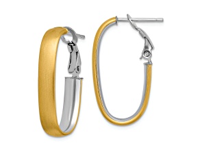 14K Yellow Gold and Rhodium Over 14K Yellow Gold 1 1/8" Polished Satin Oval Hoop Earrings