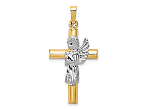 14k Yellow Gold and 14k White Gold Textured Angel And Cross Pendant