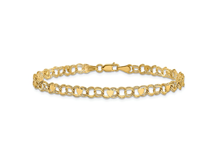 10k Yellow Gold 4mm Double Link Heart Charm Bracelet