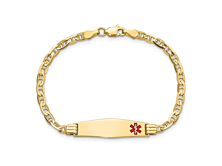 14k Yellow Gold Medical Soft Diamond Shape Red Enamel Mariner Link ID Bracelet