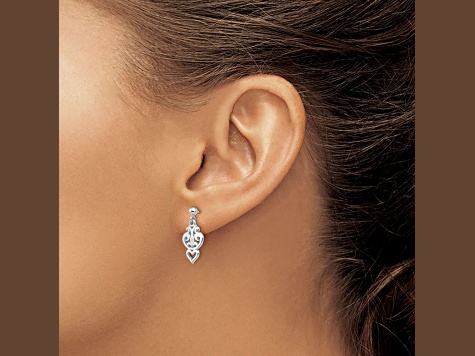 Rhodium Over 14k White Gold Filigree Heart Dangle Earrings
