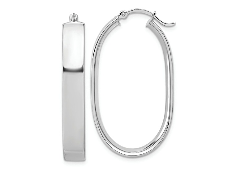 Rhodium Over 14k White Gold 1 1/4" Oval Hoop Earrings