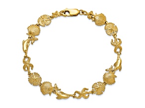 14k Yellow Gold Textured Dolphin and Sea Shell Links Bracelet