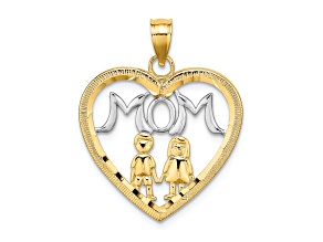 14K Two-tone Gold  Textured Mom Heart with 2 Kids Charm