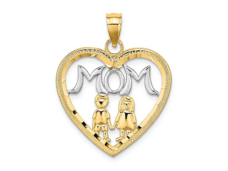 14K Two-tone Gold Textured Mom Heart with 2 Kids Charm