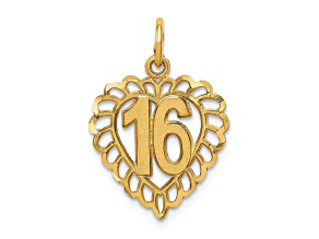14k Yellow Gold Brushed and Diamond-Cut Number 16 in a Heart Charm
