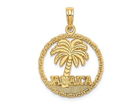 14k Yellow Gold Textured Jamaica With Palm Tree Inside Circle Charm