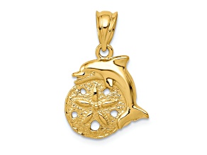 14k Yellow Gold Textured Dolphin and Sand dollar pendant